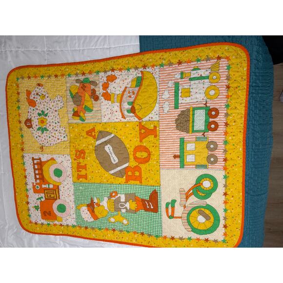 Vintage It’s A Boy Baby Quilt 34x43 Retro Appliqué Nursery Blanket Trains Bike - Picture 9 of 10